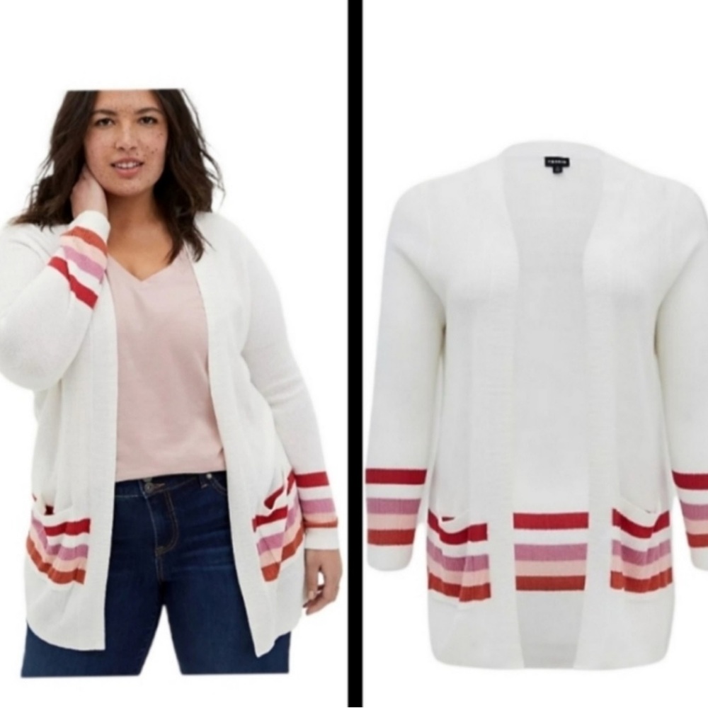 Torrid Varsity White Cardigan with Pink and Red Stripes Size 1X